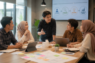 Mahasiswa Gen Z belajar entrepreneurship melalui diskusi dan praktik bisnis bersama mentor.